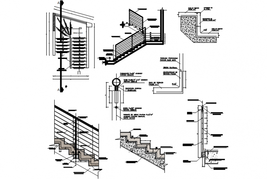 Staircases sections and constructive structure details for apartment building dwg file