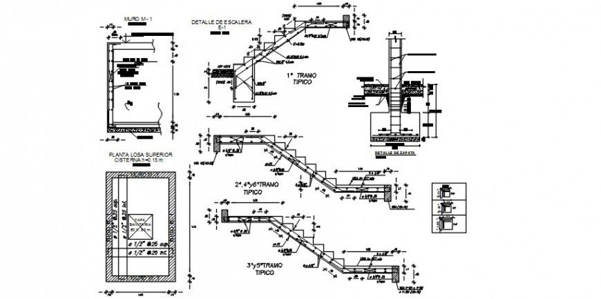 Staircases sections with foundation shoe and structure drawing details dwg file