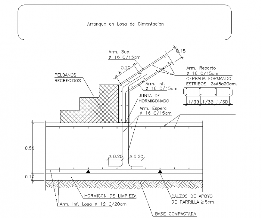 Stairs railing foundation detail in dwg AutoCAD file.