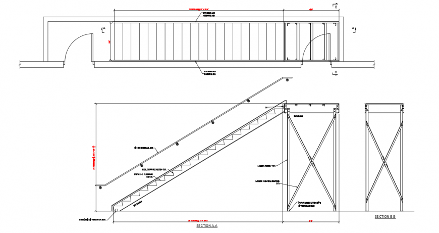 Stairs section, plan and constructive structure drawing details dwg file