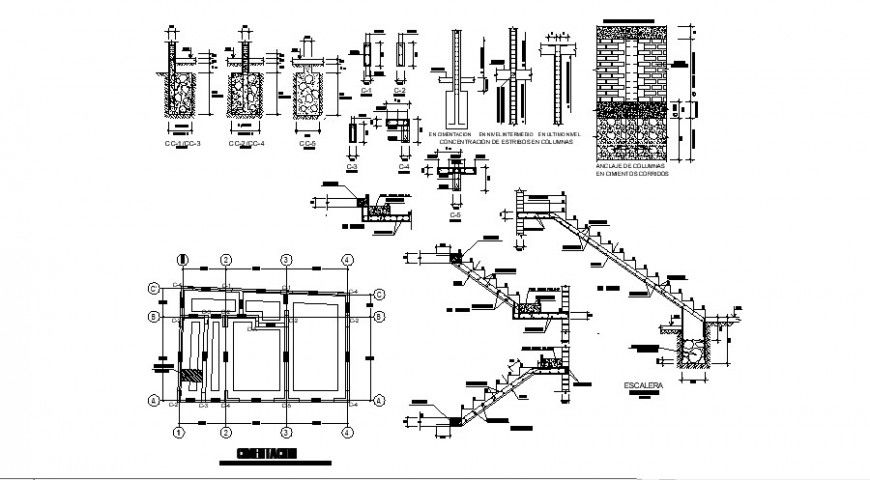 Stairway and column construction detail 2d view CAD structural block autocad file