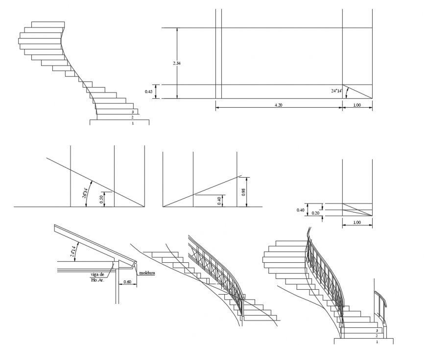 Stairway construction detail 2d view elevation autocad file