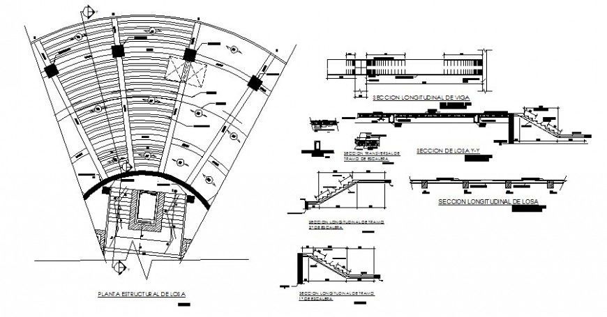 Stairway detail plan and sectional drawing in autocad