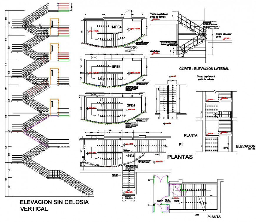 Stairway detail plan elevation and section drawing in Autocad