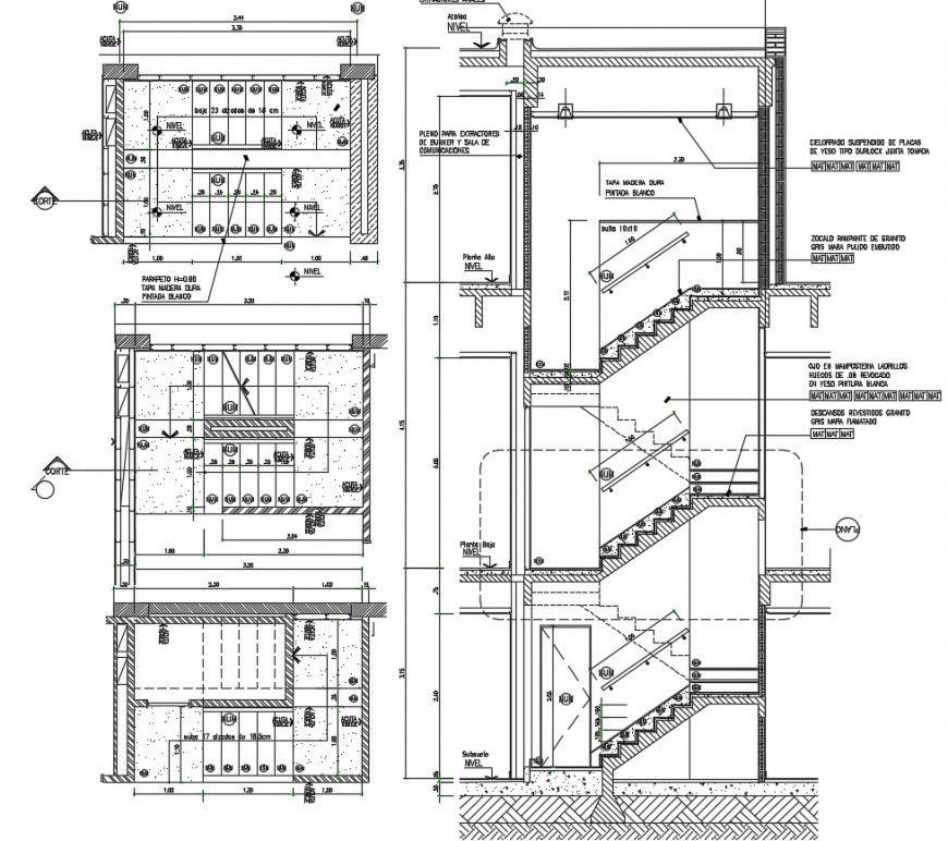 Stairways of three story building sections and construction details dwg file