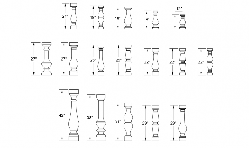 Standard balcony railing balusters elevation blocks drawing details dwg file