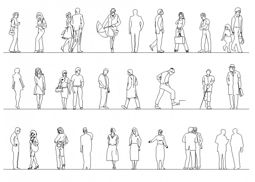 Standing people CAD blocks detail elevation 2d view layout autocad file