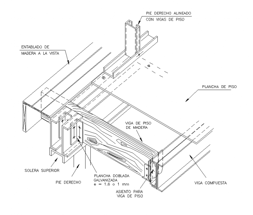 Steel and wooden structure detail section 2d view dwg file