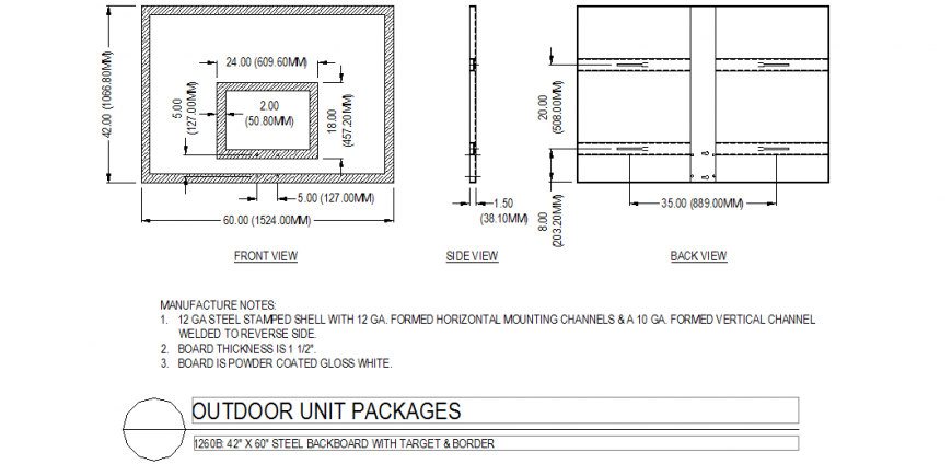 Steel backboard design with front and side view and back side view with structure design dwg file