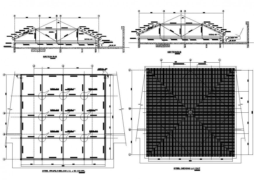 Steel decking and roofing structure details drawing in autocad