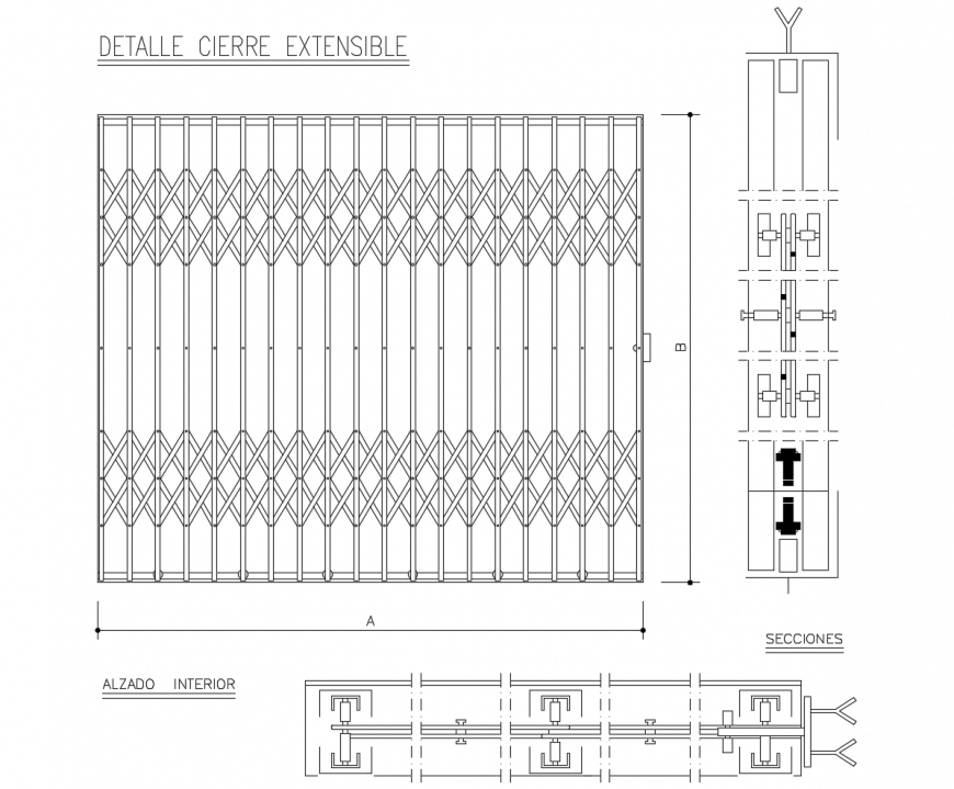 Steel grill gate detail elevation and section 2d view dwg file