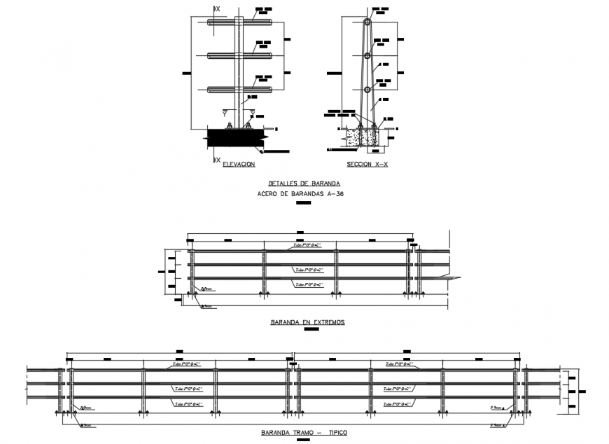 Steel railing elevation and section cad drawing details dwg file