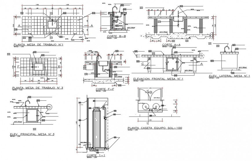 Steel sink plan, section, installation and plumbing section details dwg file
