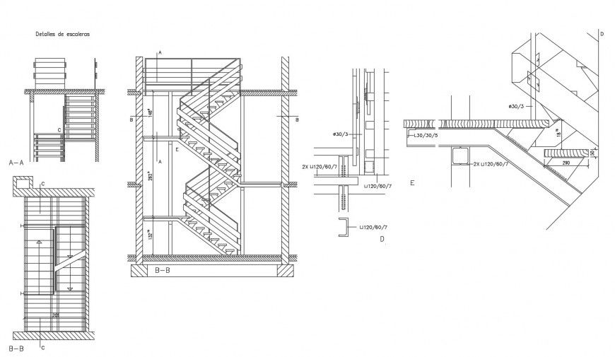 Steel structure view of metal stair plan and elevation in auto cad
