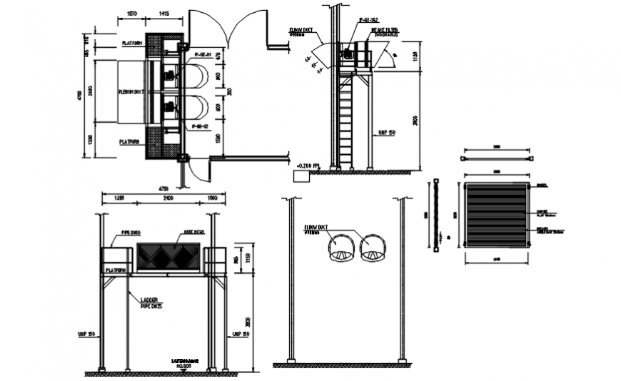 Steel structure with intake and exhaust fan plan and section in auto cad