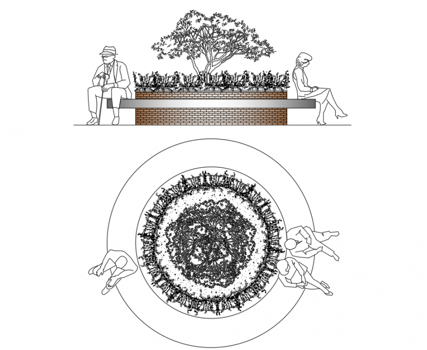 Stone bench planter front and top view elevation cad drawing details dwg file