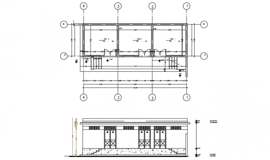 Store floor plan & section design of small villa design drawing