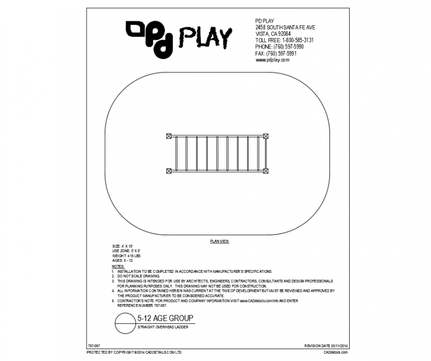 Straight overhead ladder play equipment details of garden dwg file