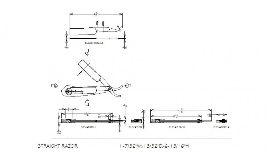 Straight razor all sided elevation cad block details dwg file