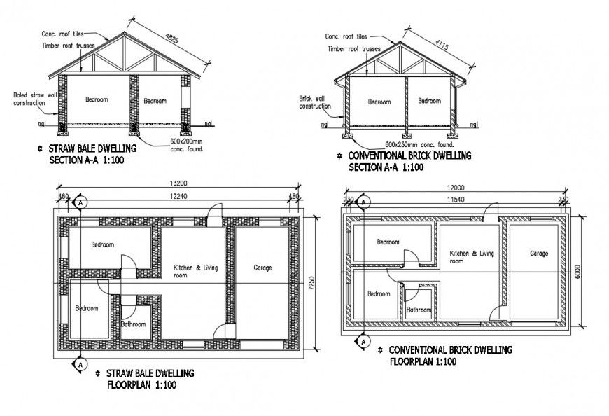Straw bale and brick dwelling house constructive section and plan details dwg file