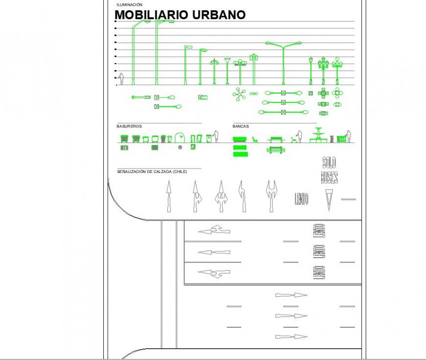 Street furniture and signage drawing in dwg file.