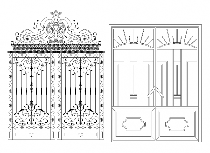 Strip and rectangular pipe pattern elevation design of door dwg file