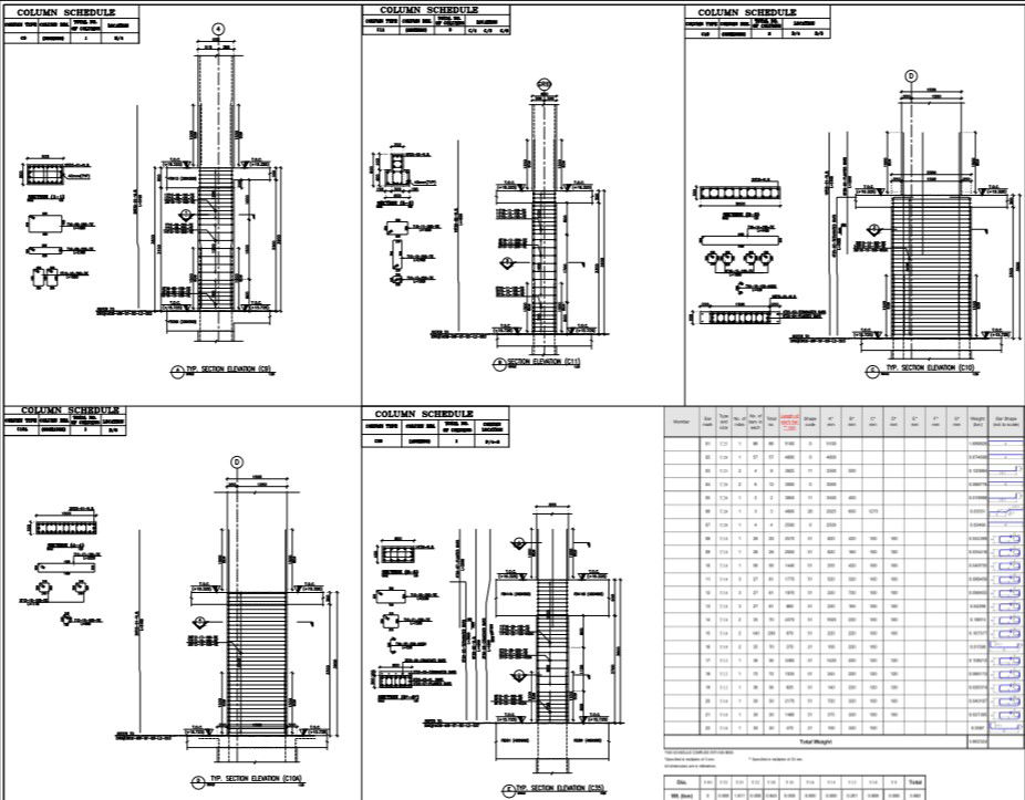 structural detail of column and column schedule.