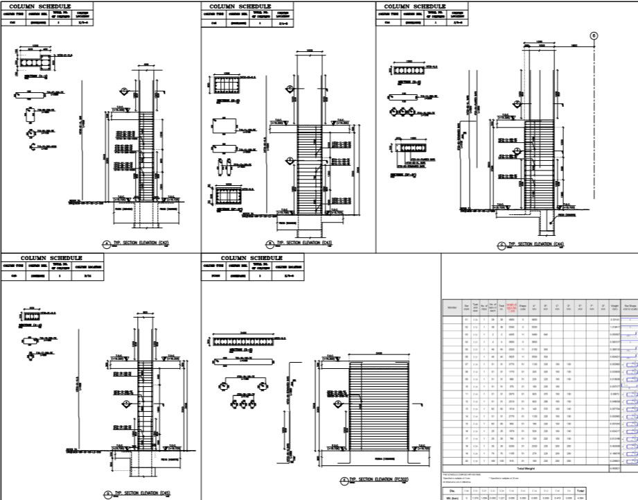 structural detail of column and column schedule.
