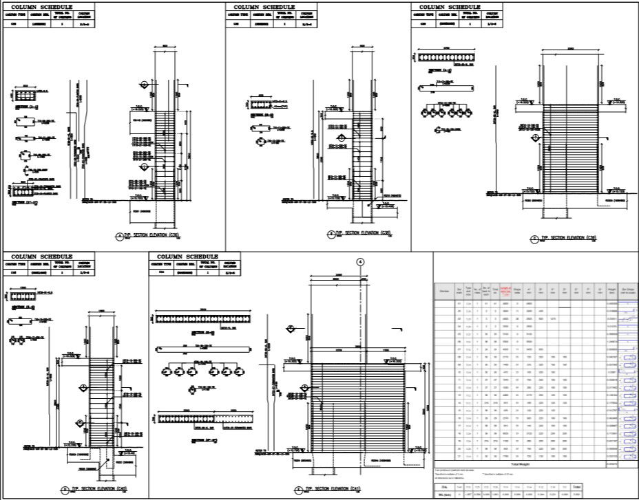 structural detail of column and column schedule.