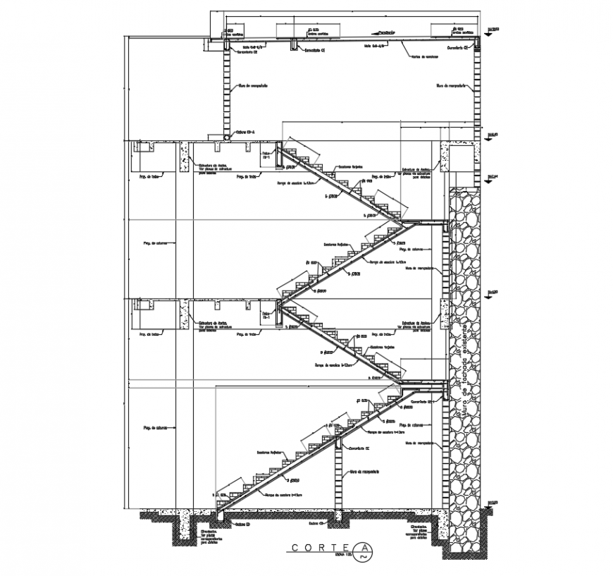 Structural projected section view of stair design dwg file