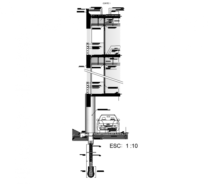Structural section of building wall 2d view layout dwg file