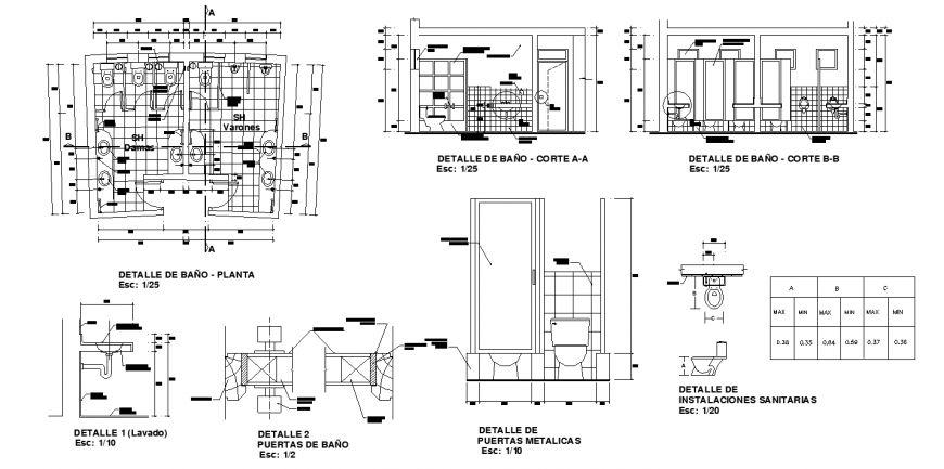 Structure and construction detail of general toilet in dwg file.