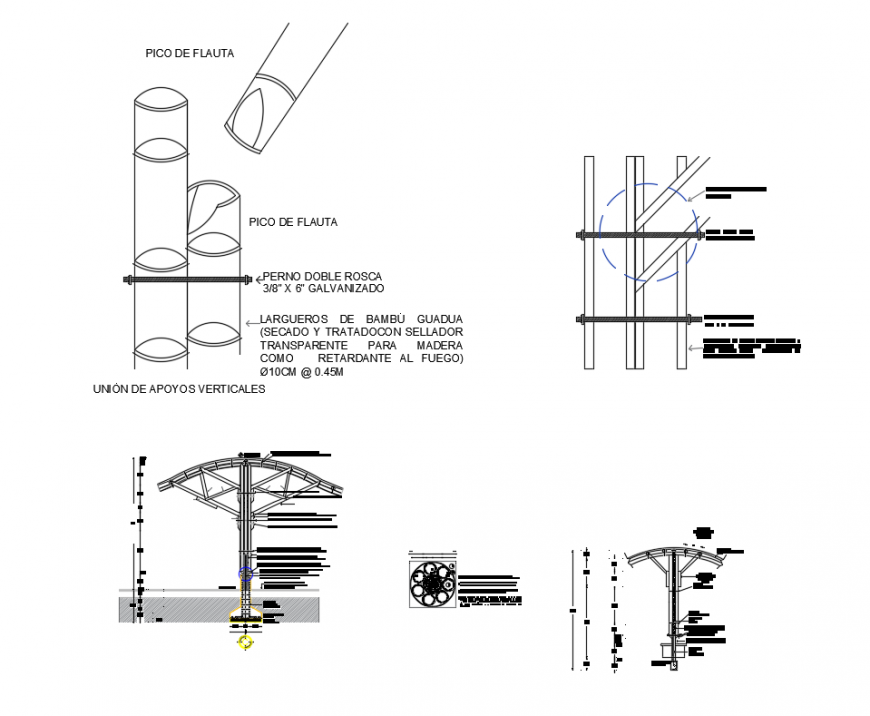 Structure details of bamboo building construction dwg file