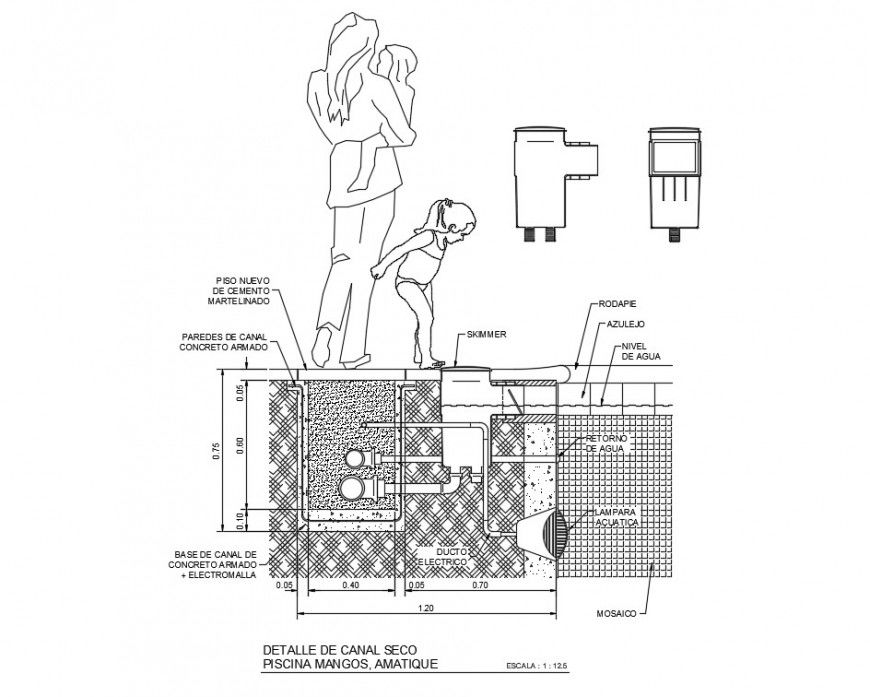 Structure details of dry channel pool of mangoes dwg file
