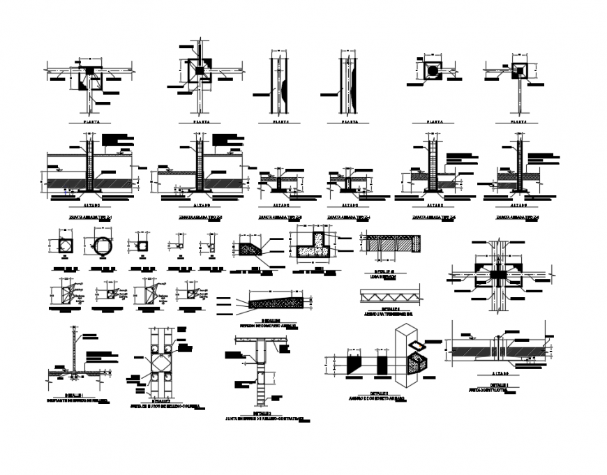 Structure details of dwelling house with column and beam construction dwg file