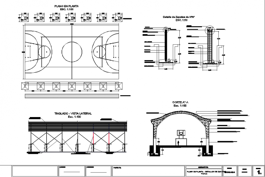 Structure drawing of basketball court in dwg file.
