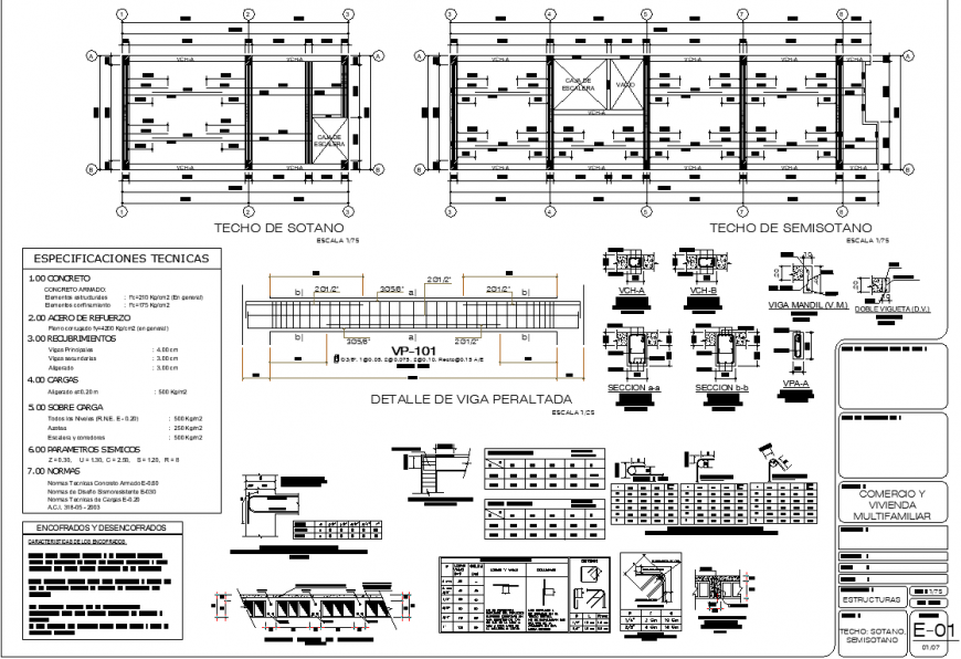 Structure drawing of building with specification detail in dwg file.