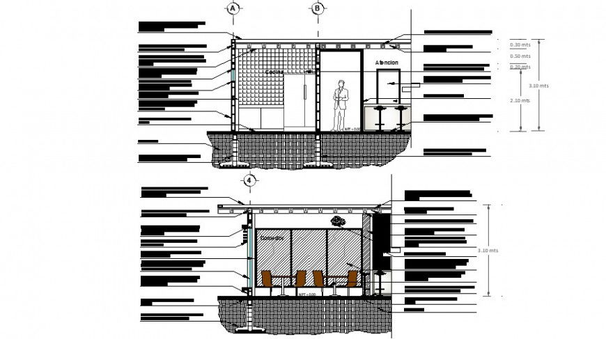 Structure view of cafe area elevation and section view in auto cad
