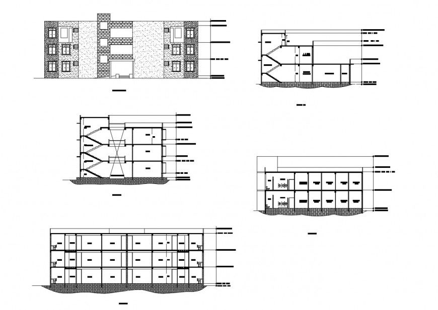 Student hostel main elevation and all sided sectional cad drawing details dwg file