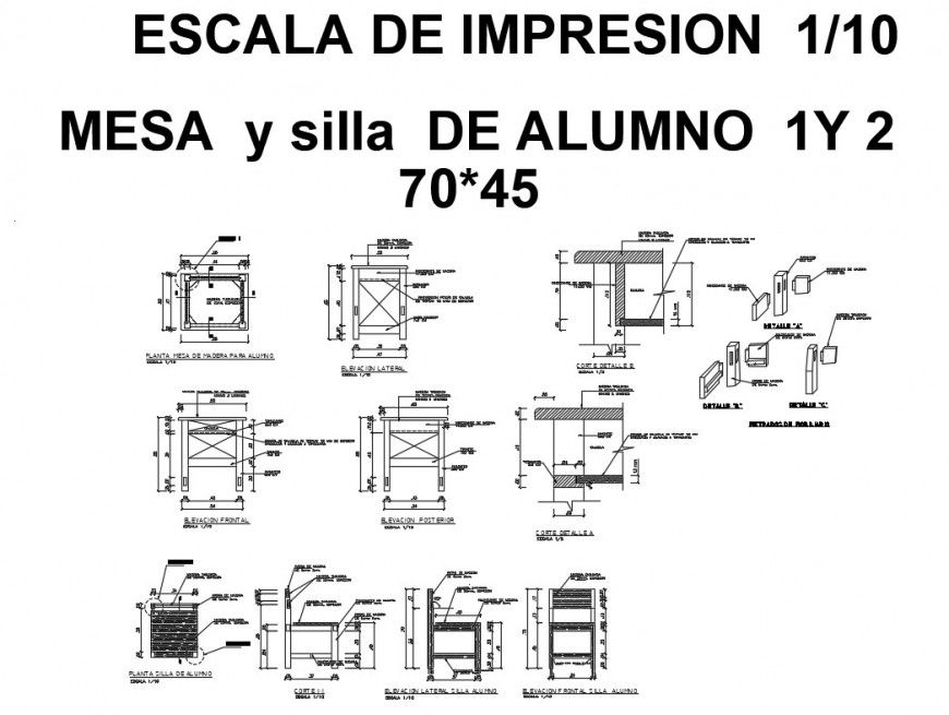 Students multiple table and chairs elevation, section and plan details dwg file