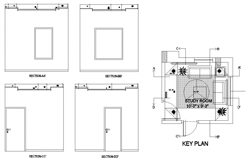 Study room plan and section autocad file