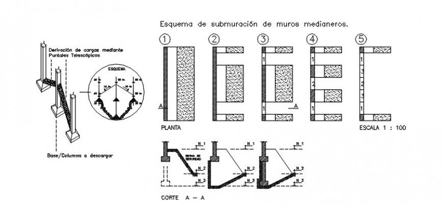 Sub walls sections and construction drawing details dwg file