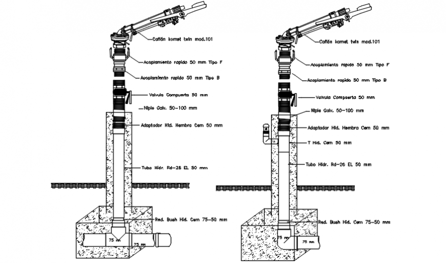 Sugarcane irrigation hydrant elevation construction details dwg file