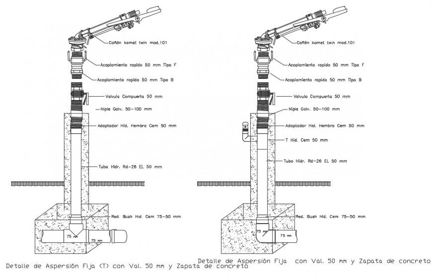 Sugarcane irrigation hydrant elevation construction details dwg file