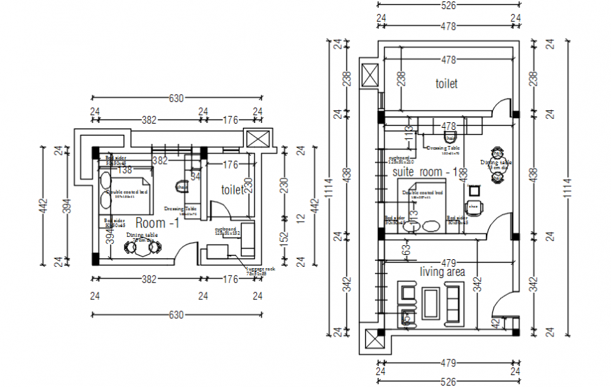 Suit bedrooms of hotel distribution plan with furniture drawing details dwg file