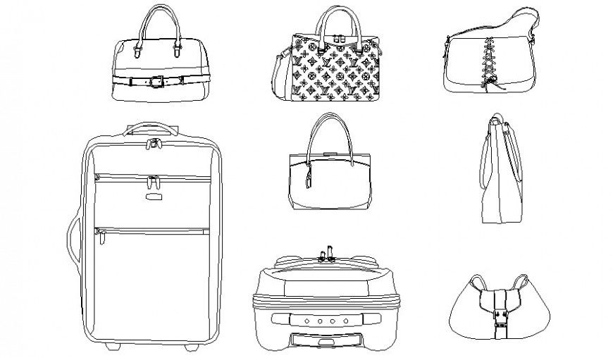 Suitcase and bags drawings details 2d view elevation autocad file