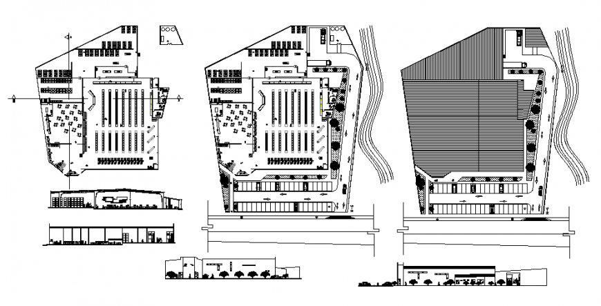 Super market all sided elevation, section and floor plan details dwg file