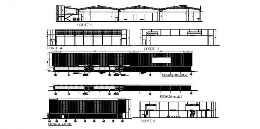 Super market building all sided elevation and section drawing details dwg file