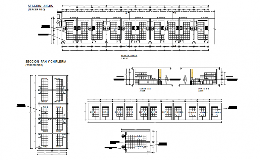 Super market section and floor plan details dwg file