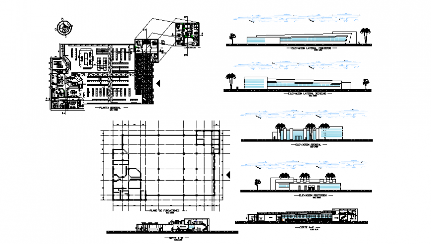 Super market shopping center elevation, section and general plan details dwg file